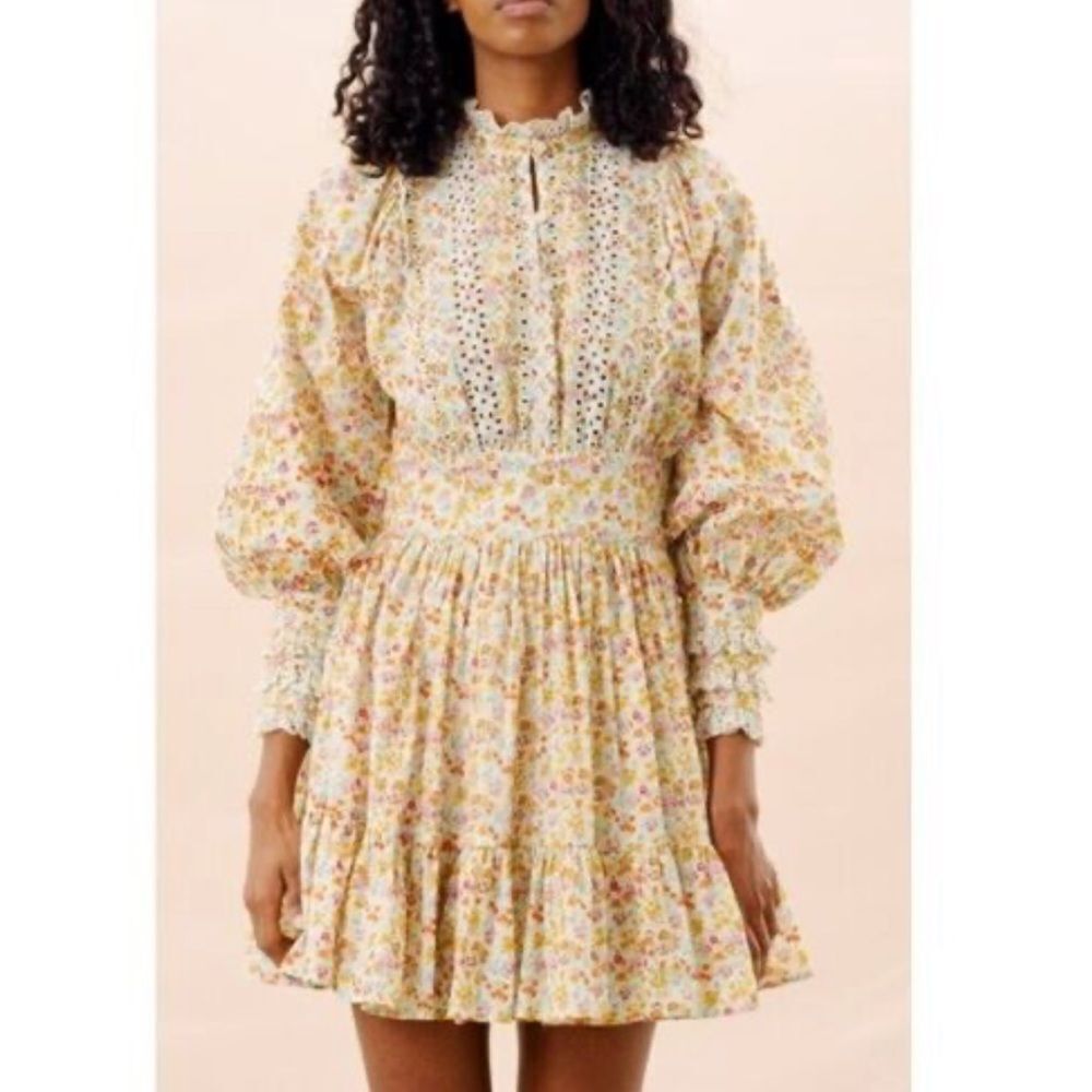 Bytimo Cotton Slub Mini Dress Floral Print Eyelet Lace Flower Garden In Medium
